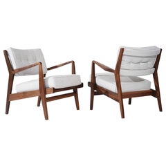 Walnut Lounge Chairs in Grey Linen, Model U430 for Risom, Inc. Circa, 1950s
