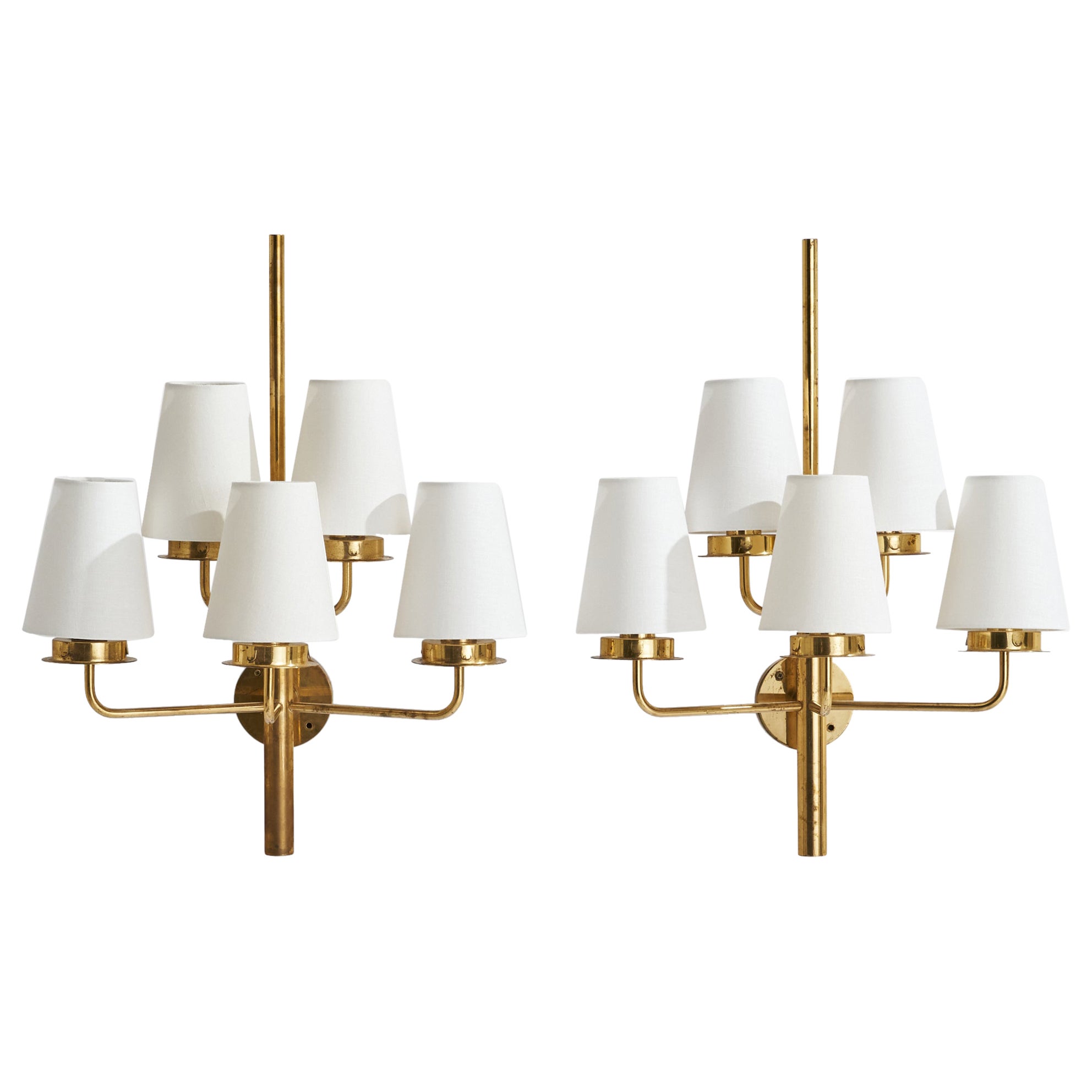 Hans-Agne Jakobsson, Sizeable Wall Lights, Brass, Fabric, Sweden, 1960s For Sale