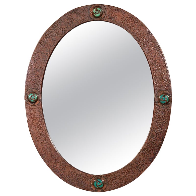 Oval Copper Mirror with Blue Cabochons For Sale