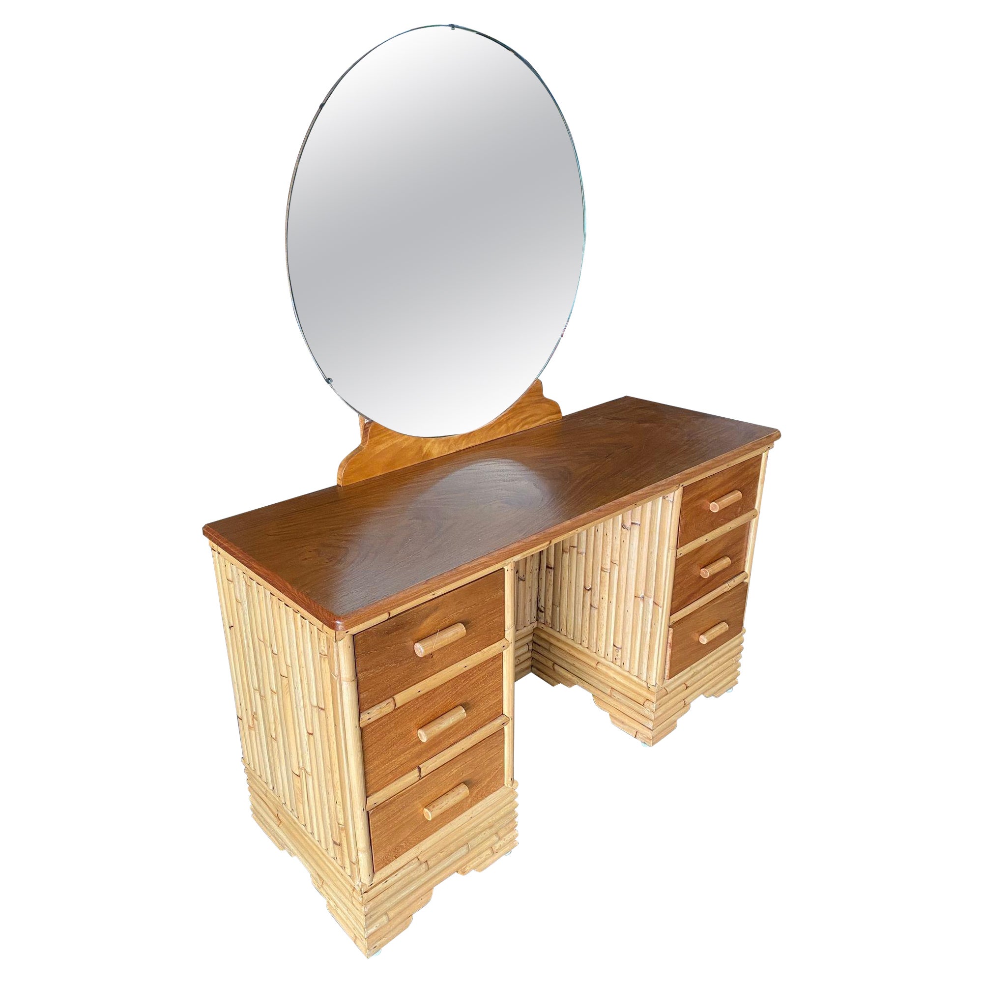Restored Pre-War Stacked Rattan and Mahogany Vanity w/ Mirror For Sale