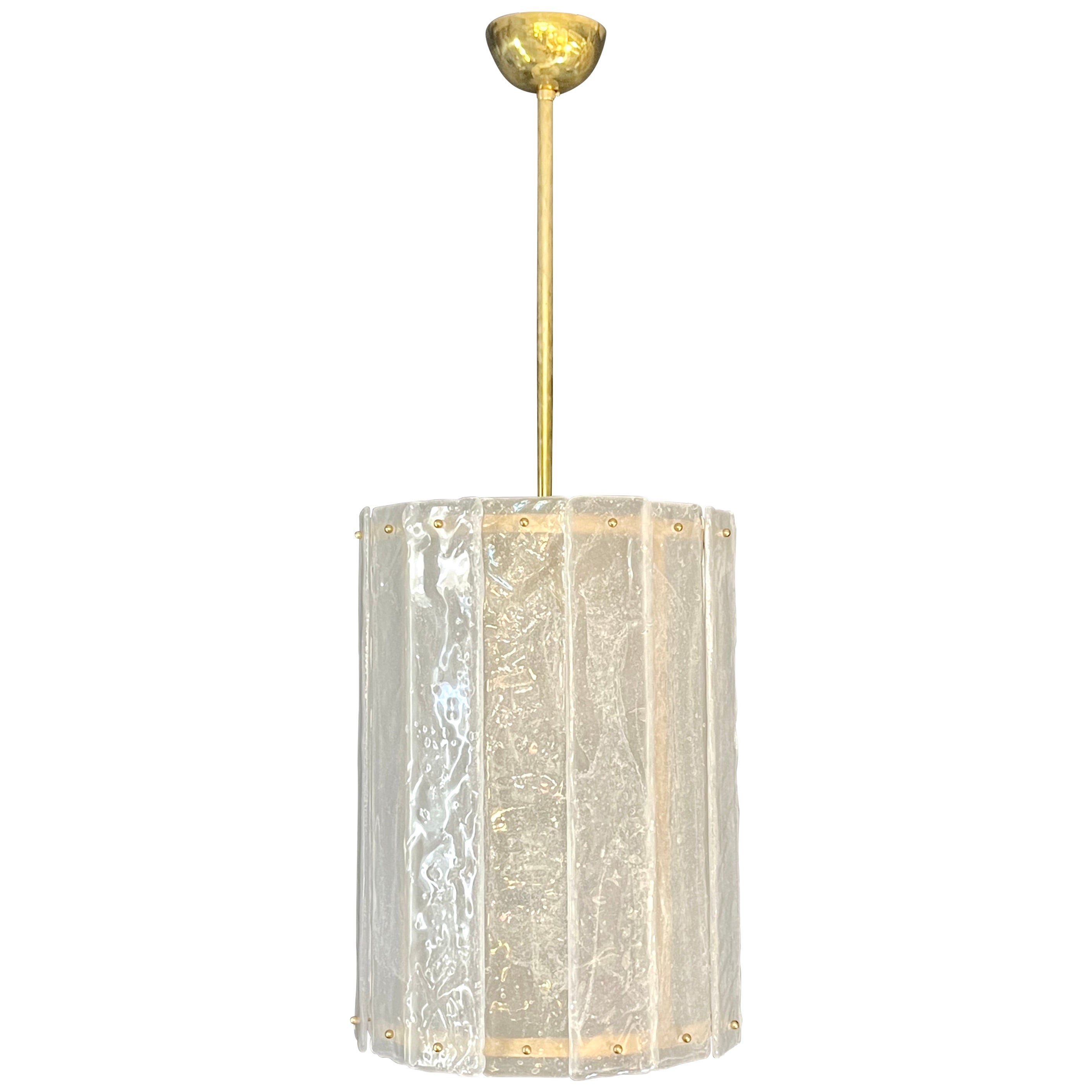 Bespoke Modern Art Deco Italian White Murano Glass Brass Lantern / Chandelier For Sale