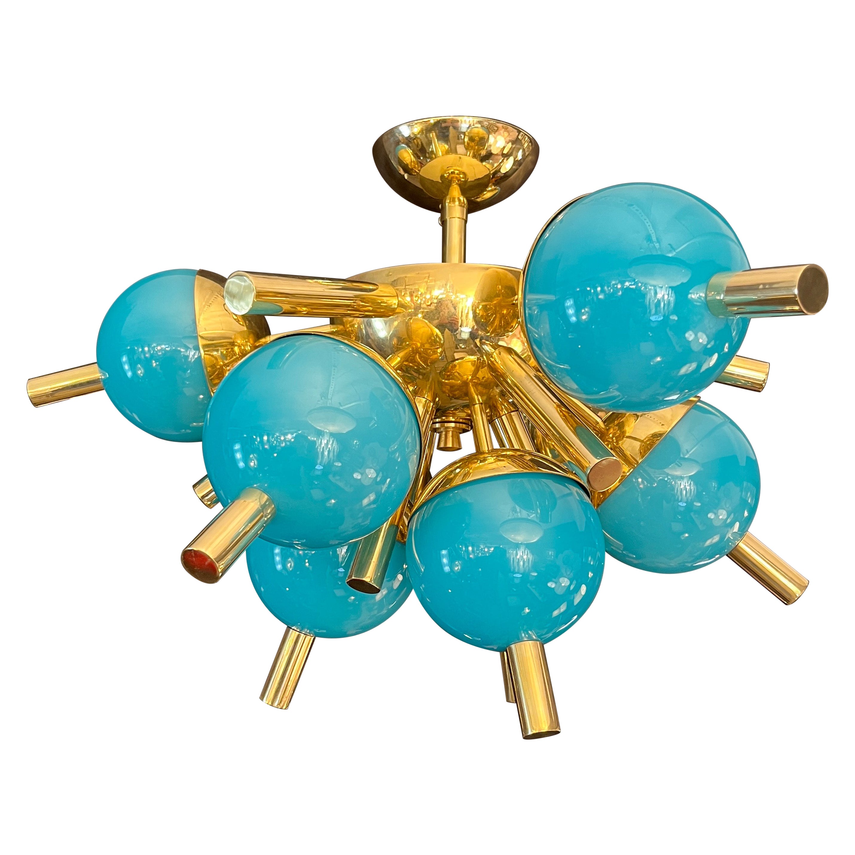 Custom Italian Turquoise Gold Murano Glass Brass Sputnik Globe Flushmount For Sale 3