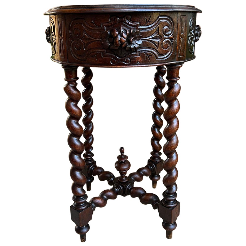 Small Antique French ROUND Center Side TABLE Barley Twist Renaissance Carved Oak For Sale