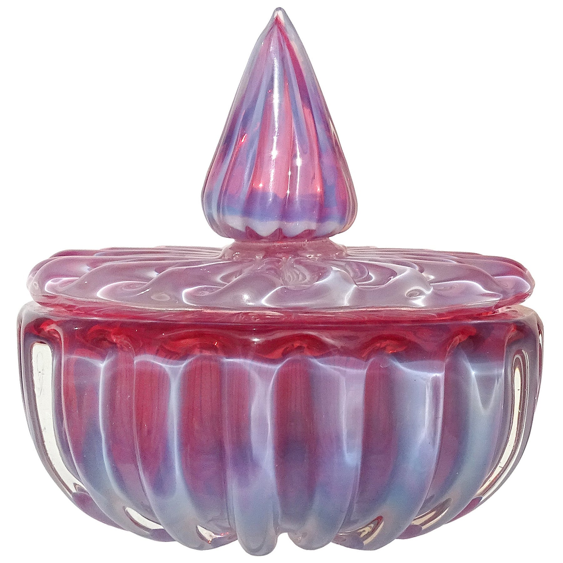 Murano Opalescent Dark Pink Italian Art Glass Ribbed Vanity Jewelry Powder Box