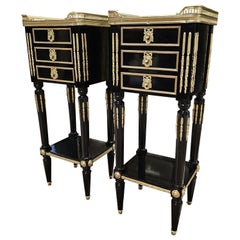 Antique Louis XVI French Black Gold Marble Bronze Pair Night Stands Bedsides Tables 19th