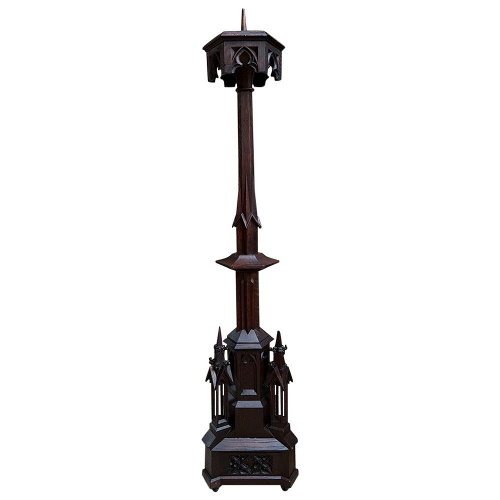 Antique French Gothic Revival Cathedral Spire Candlestick Pricket Carved Oak For Sale