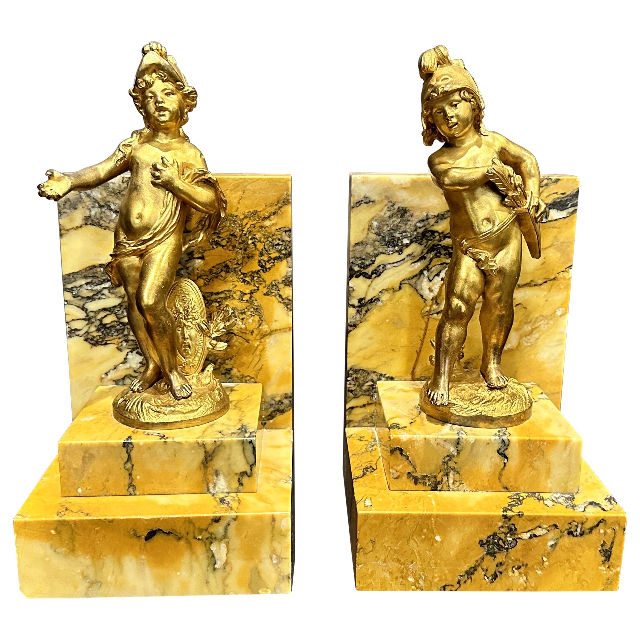 Pair Of Gilt Bronze Child Warrior Bookends
