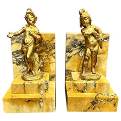 Antique Pair Of Gilt Bronze Child Warrior Bookends