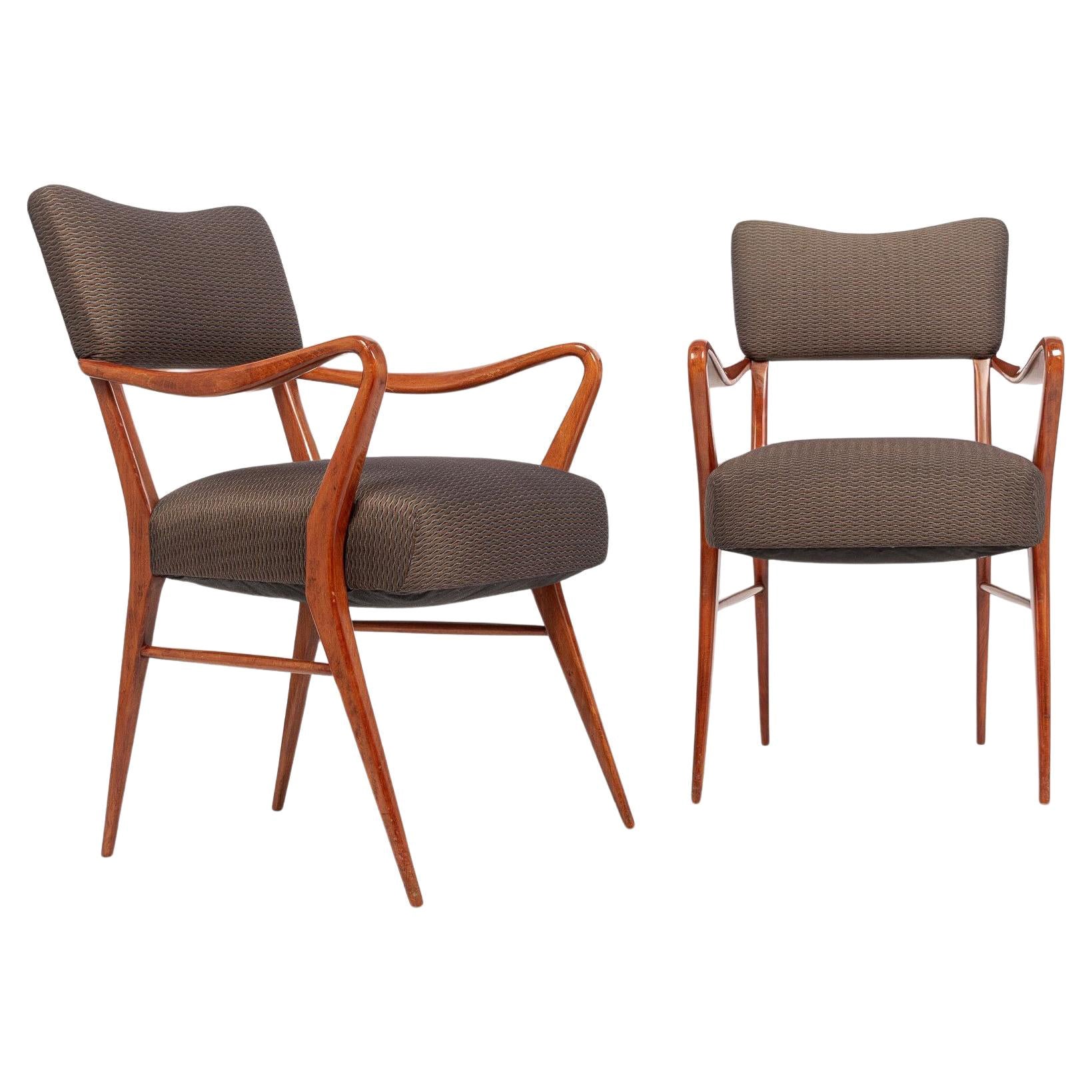 Pair of Mid Century Wood & Brown Upholstered Arm Chairs 1950s