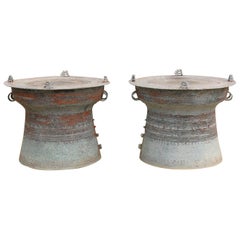 Retro Mid-20th Century Pair of Large Southeast Asian Rain Drum Side Tables