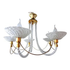 1970s Murano Rope Glass and Brass Five-Arm Chandelier in the Manner of Barovier