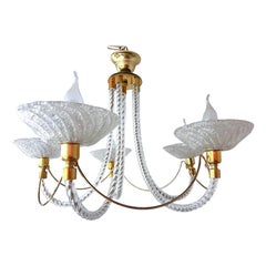 1970s Murano Rope Glass and Brass Five-Arm Chandelier in the Manner of Barovier