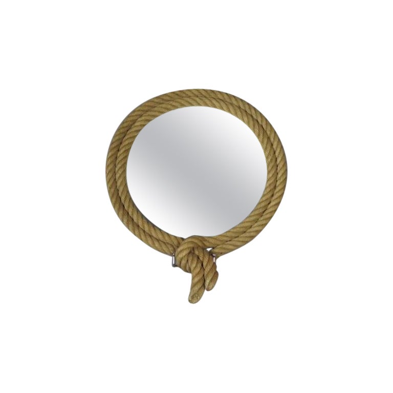 Miroir en corde avec dos en cuir par Audoux Minet. France, vers 1960. en vente