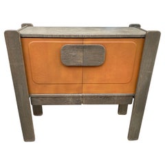 Vintage Hi-Plan Design 2-Door Combed Oak and Leather Cabinet