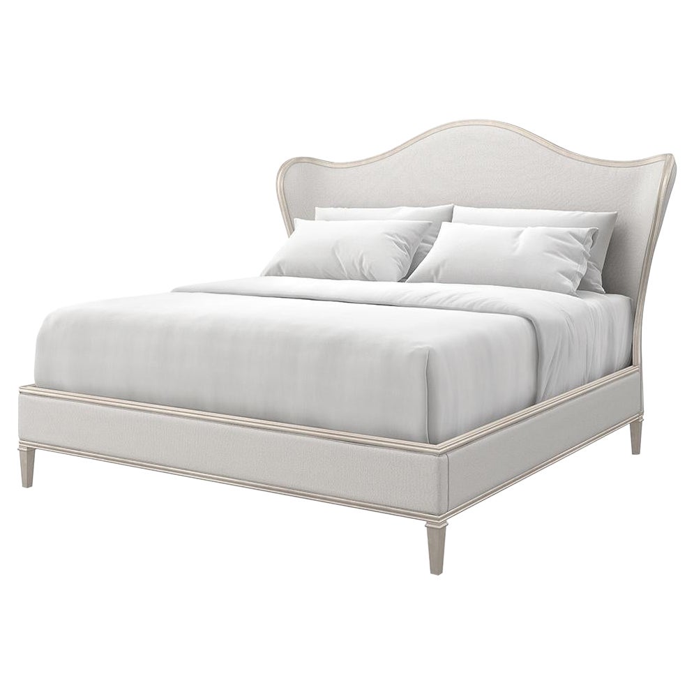 Transitional Style Upholstered Queen Bed in Silver For Sale