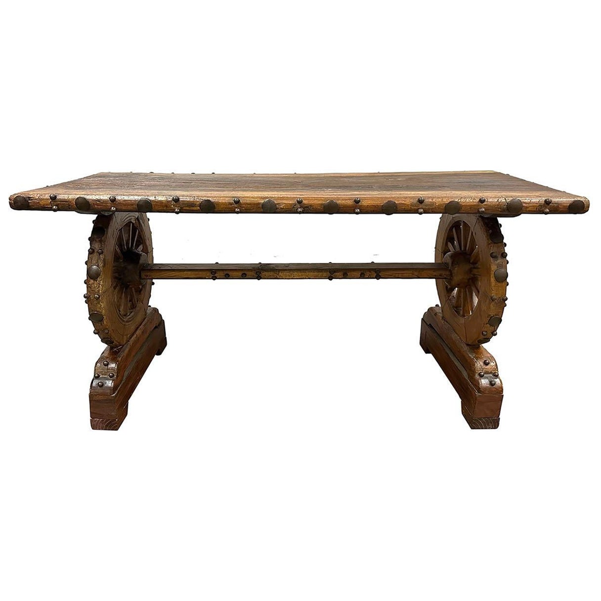 Antique Chinese Country Rusty Style Wagon Wheel Dining Table For Sale
