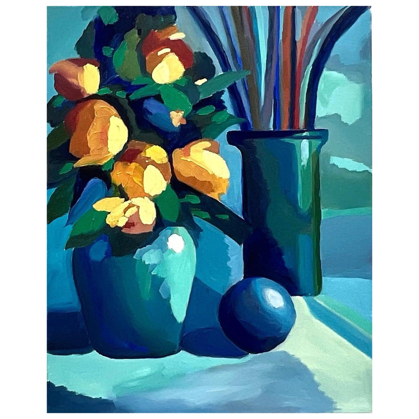 Vintage Blue Still Life Oil Painting on Canvas For Sale