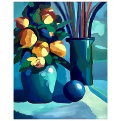 Vintage Blue Still Life Oil Painting on Canvas