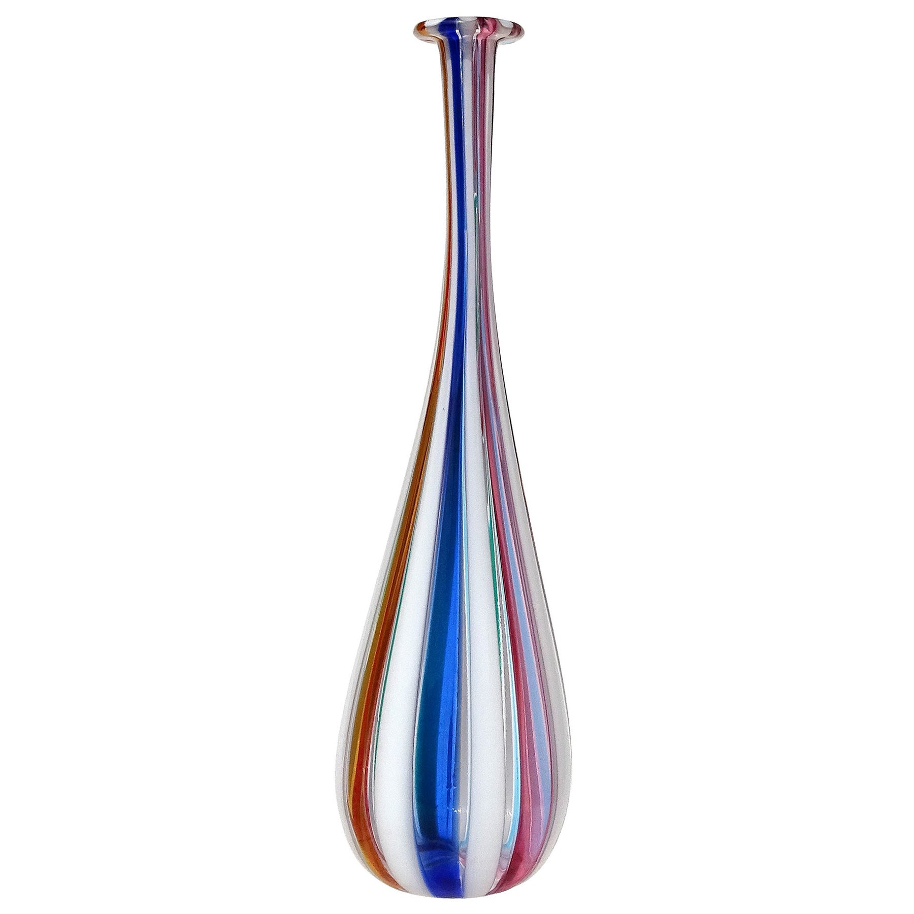 Murano Red White Stripes Italian Art Glass Thin Soliflore Specimen Flower Vase For Sale