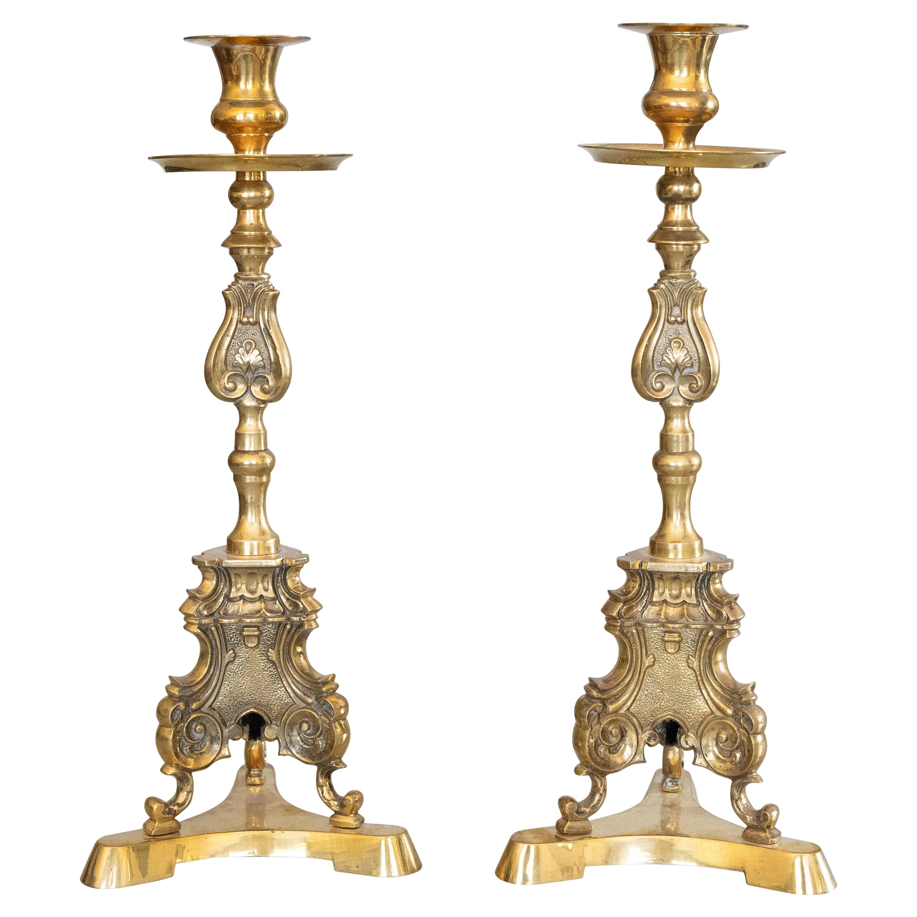 Pair of Antique French Brass Altar Candlesticks, circa 1920 For Sale