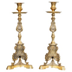 Pair of Vintage French Brass Altar Candlesticks, circa 1920