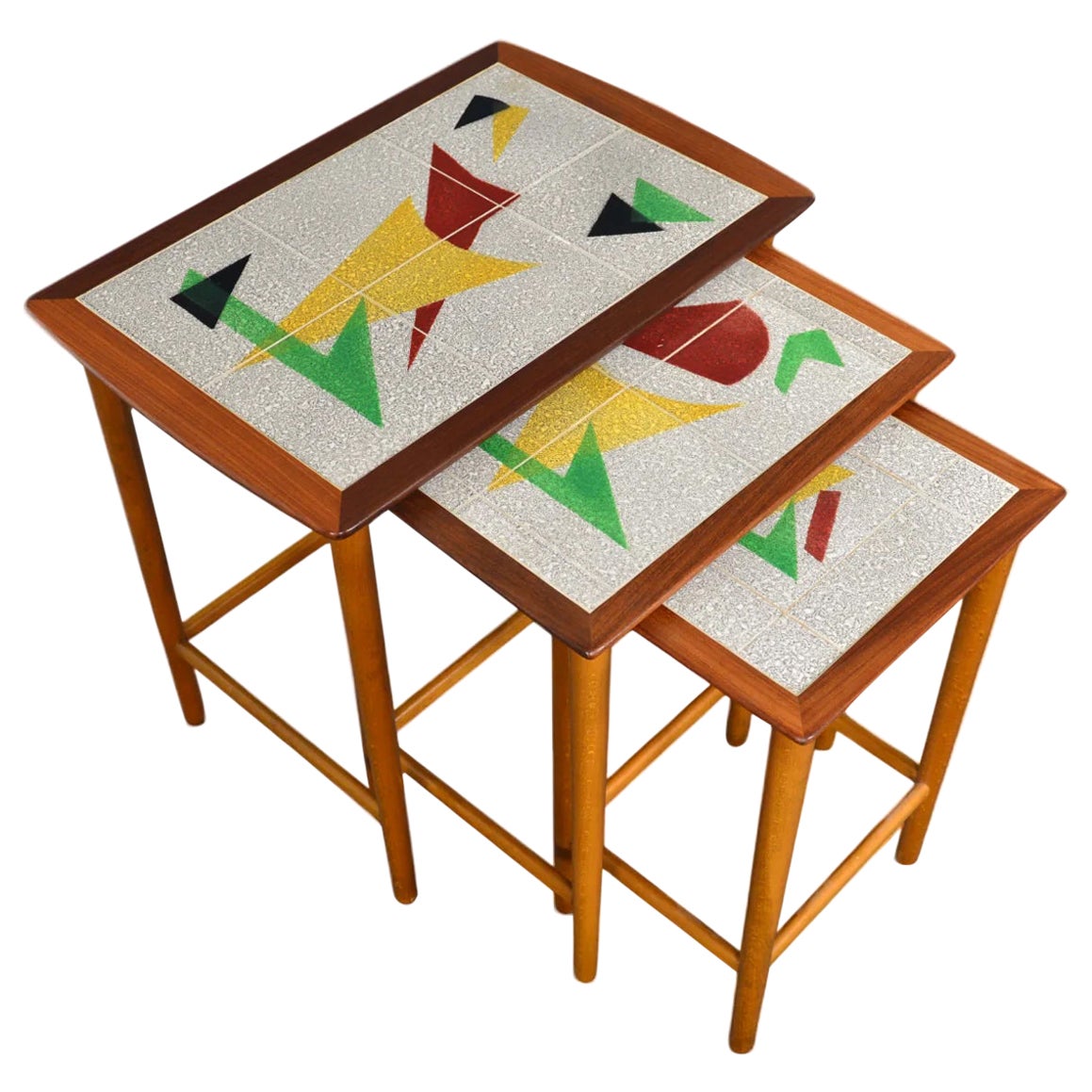 Set Of Atomic Teak Nesting Table With Tile Tops For Sale