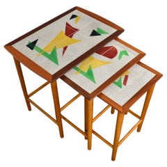 Vintage Set Of Atomic Teak Nesting Table With Tile Tops