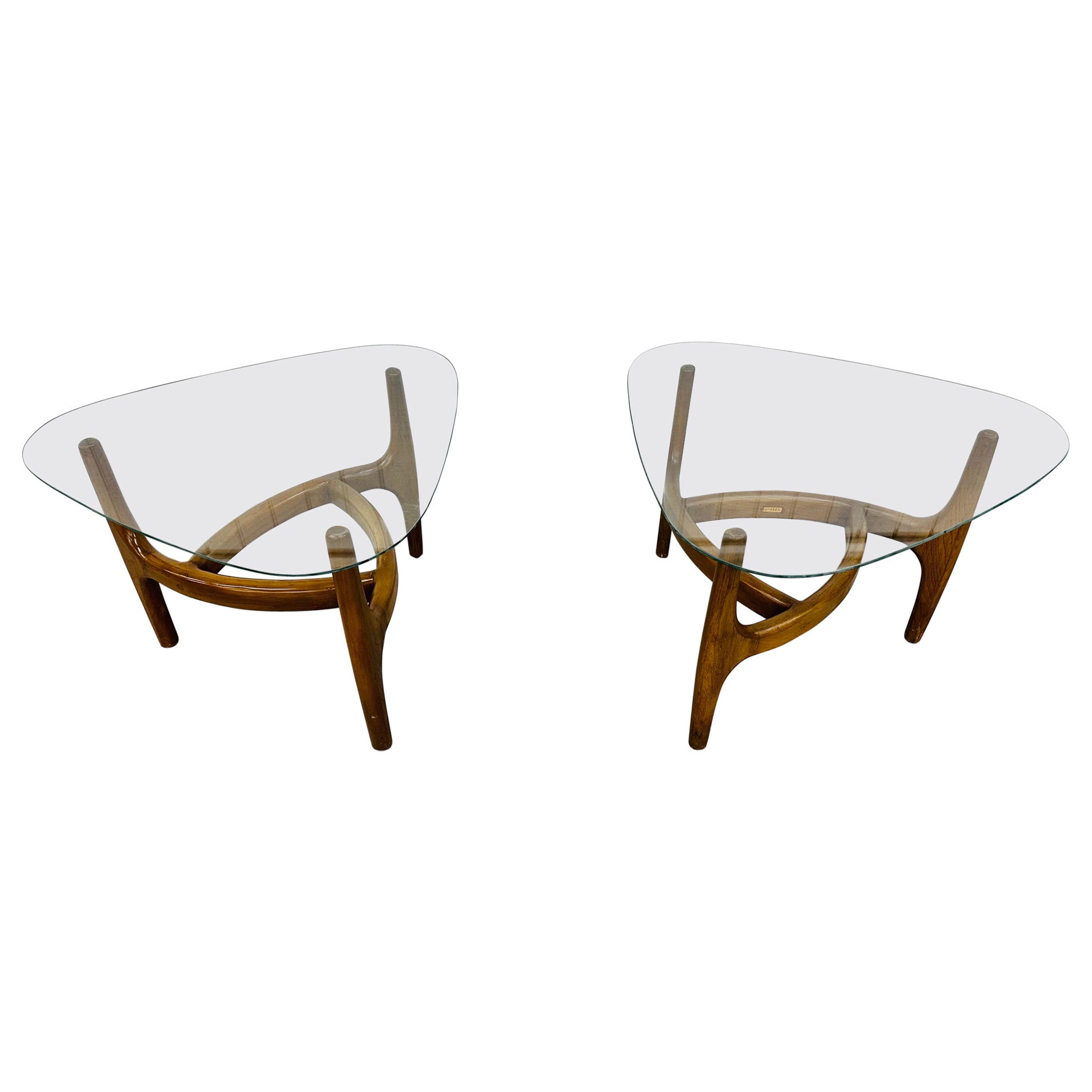 Mid-Century Modern Sculpted Walnut Glass Top Side Tables - Set of 2