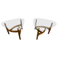 Mid-Century Modern Sculpted Walnut Glass Top Side Tables - Set of 2