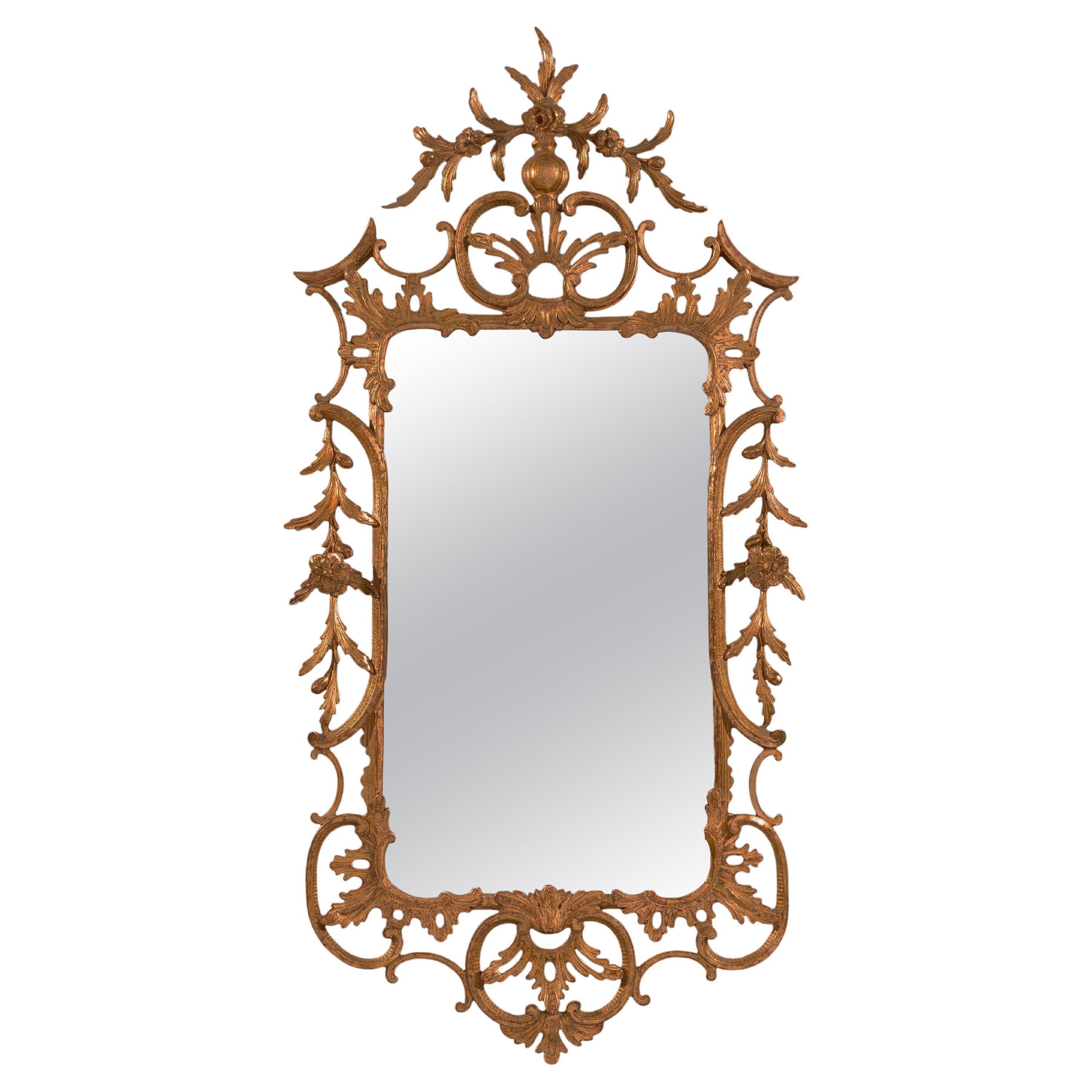 Antique Chippendale period carved wood and gilt rococo mirror For Sale