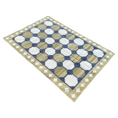 Handmade Cotton Area Flat Weave Rug, Green & Blue Geometric Tile Indian Dhurrie