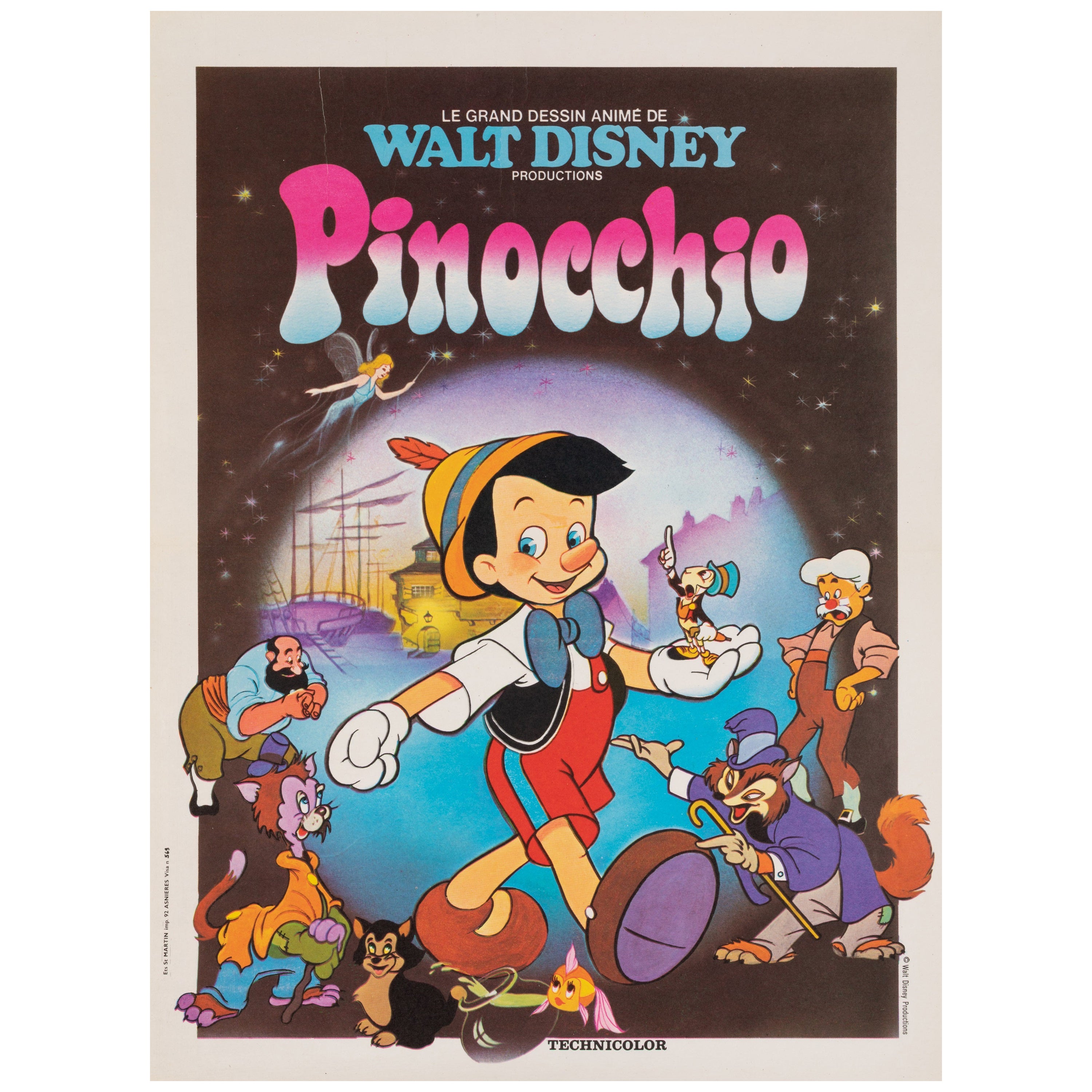 Affiche vintage originale, Pinocchio, Walt Disney, Cartoon, Children, Fairy, 1980 en vente