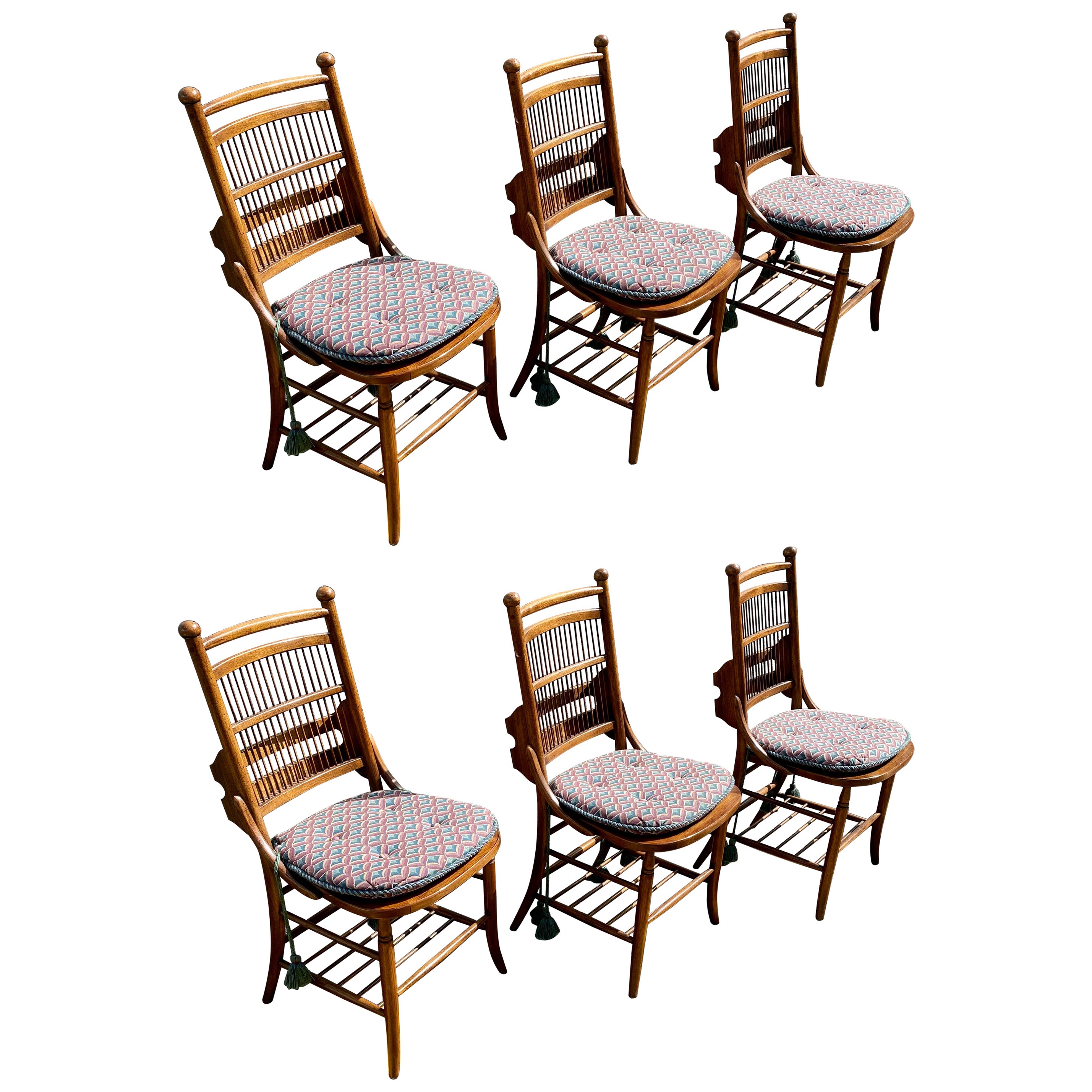 1960s Thomasville Cane Slatted Wood Dining Chairs. Set of 6