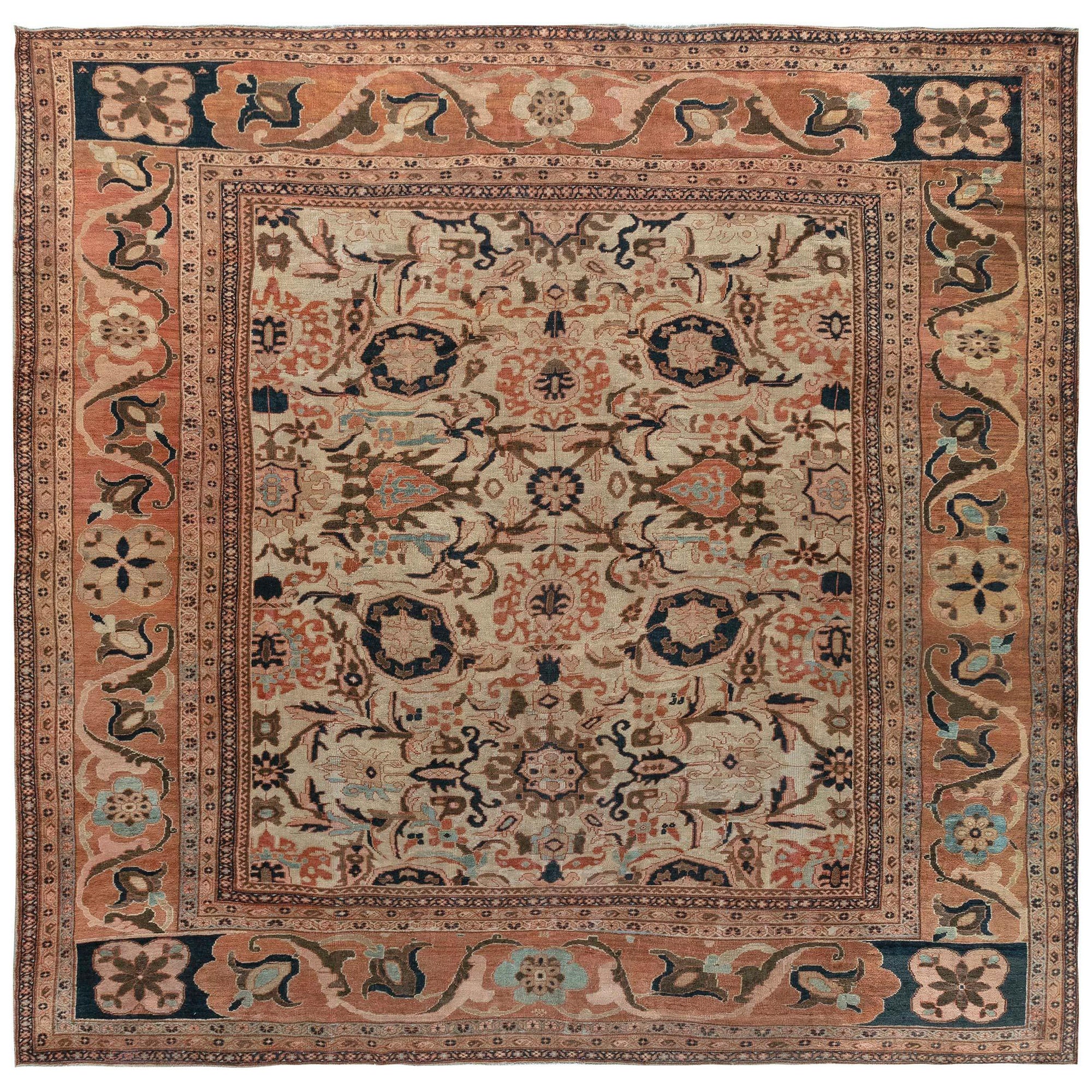 19th Century Persian Sultanabad Handwoven Wool Rug For Sale