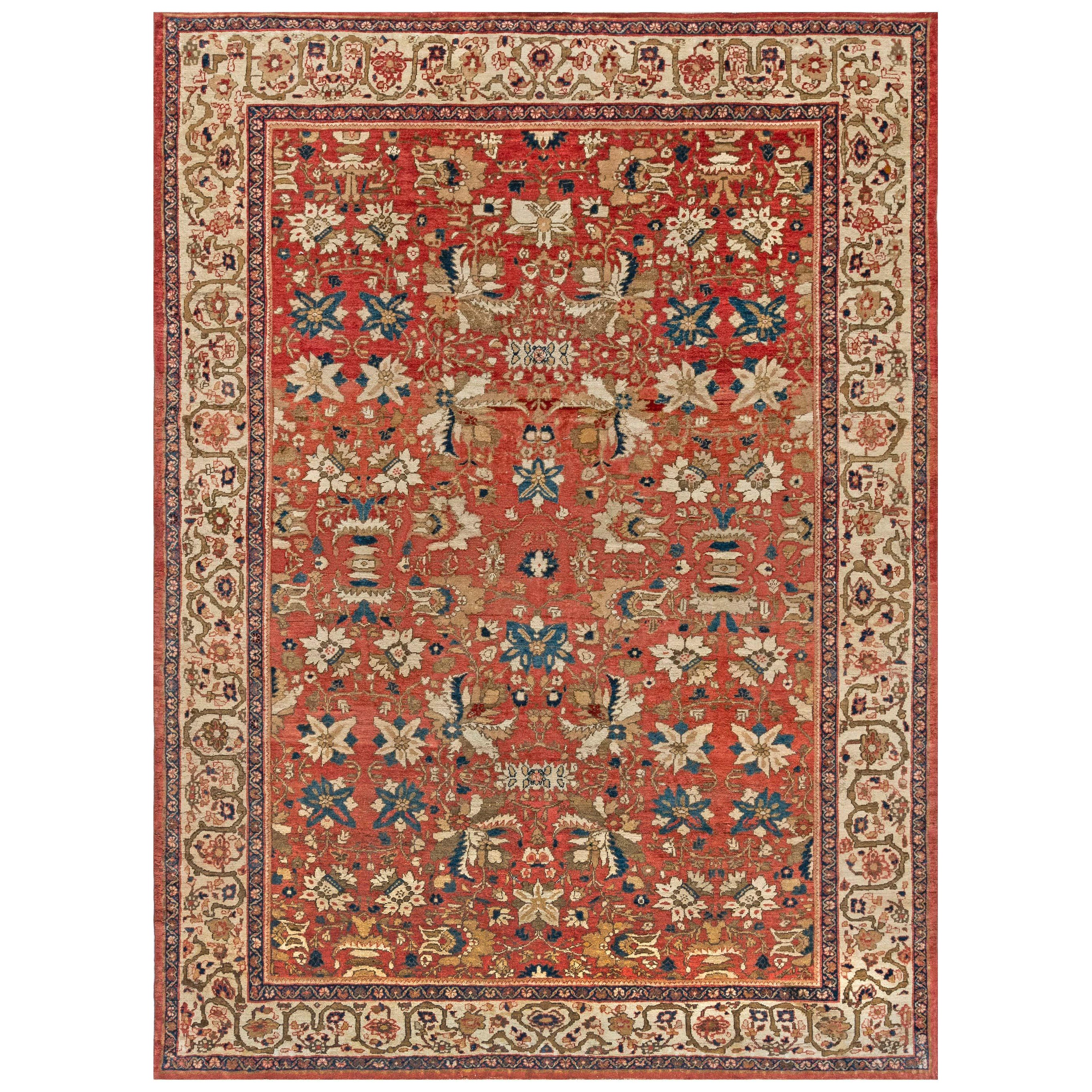 Antique Persian Sultanabad Floral Red Background Handmade Wool Rug For Sale