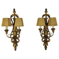 Set of 2 Mid-Century Wall Lamps in Carved Wood and Beige Silk Italy 1950s
