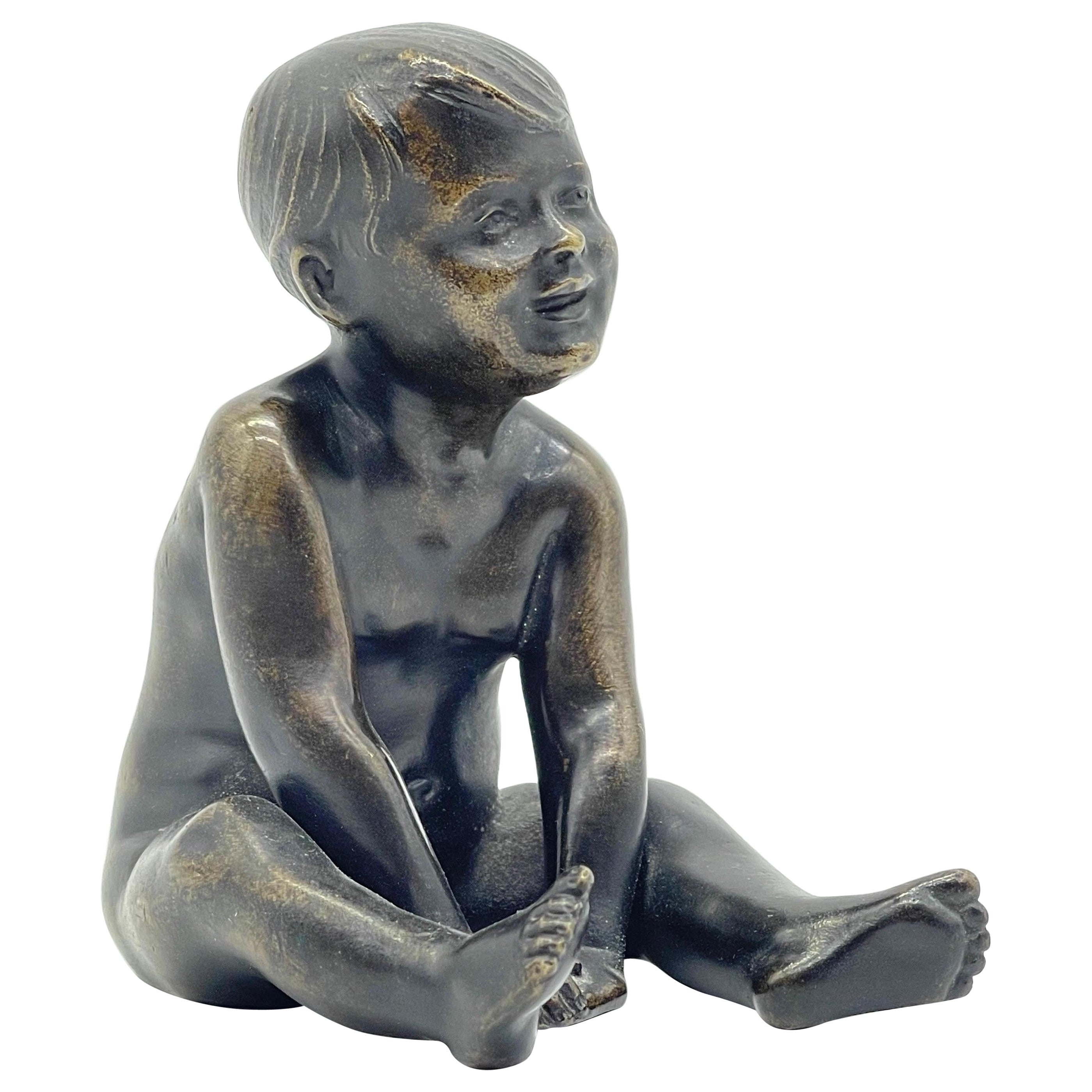 19th Century Seated little Boy/Child, solid Bronze Sculpture/Figure For Sale