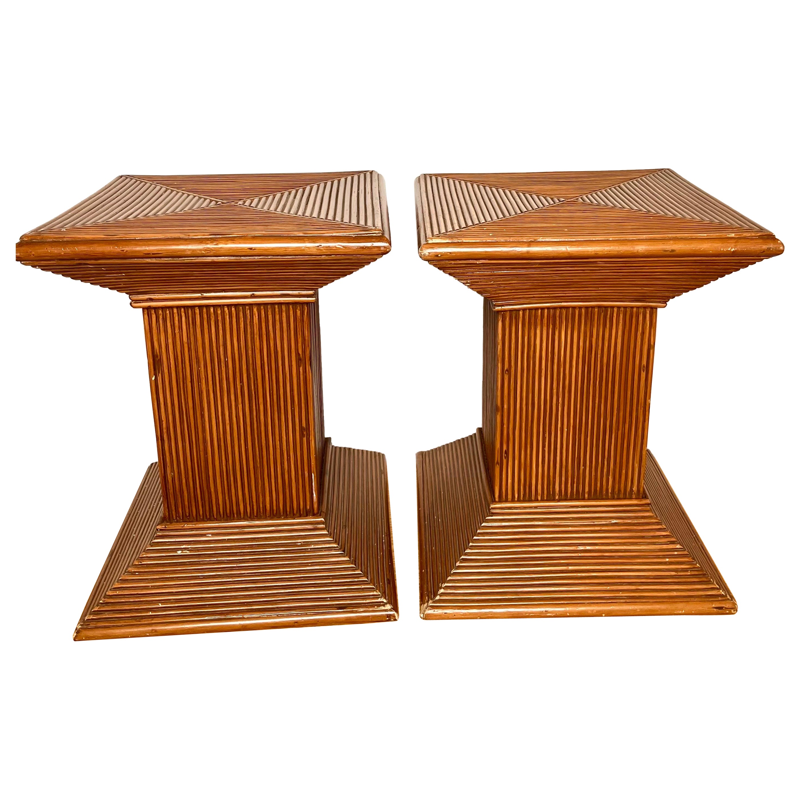 Pair of Pencil Reed Rattan Bamboo Side Tables/Pedestals