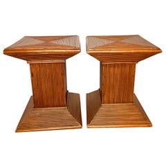 Pair of Pencil Reed Rattan Bamboo Side Tables/Pedestals