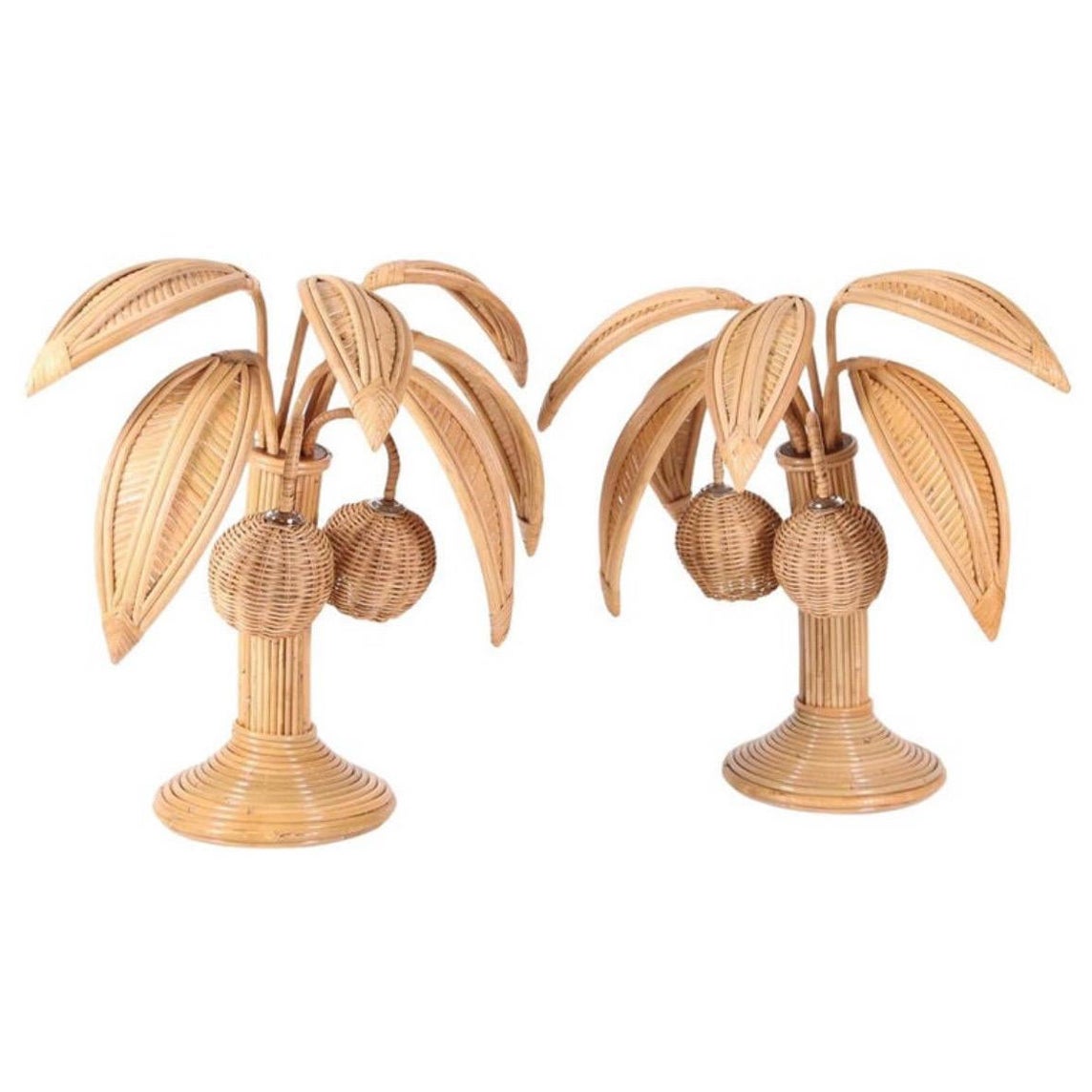 Pair of rattan « palm tree/coconut tree » lamps For Sale