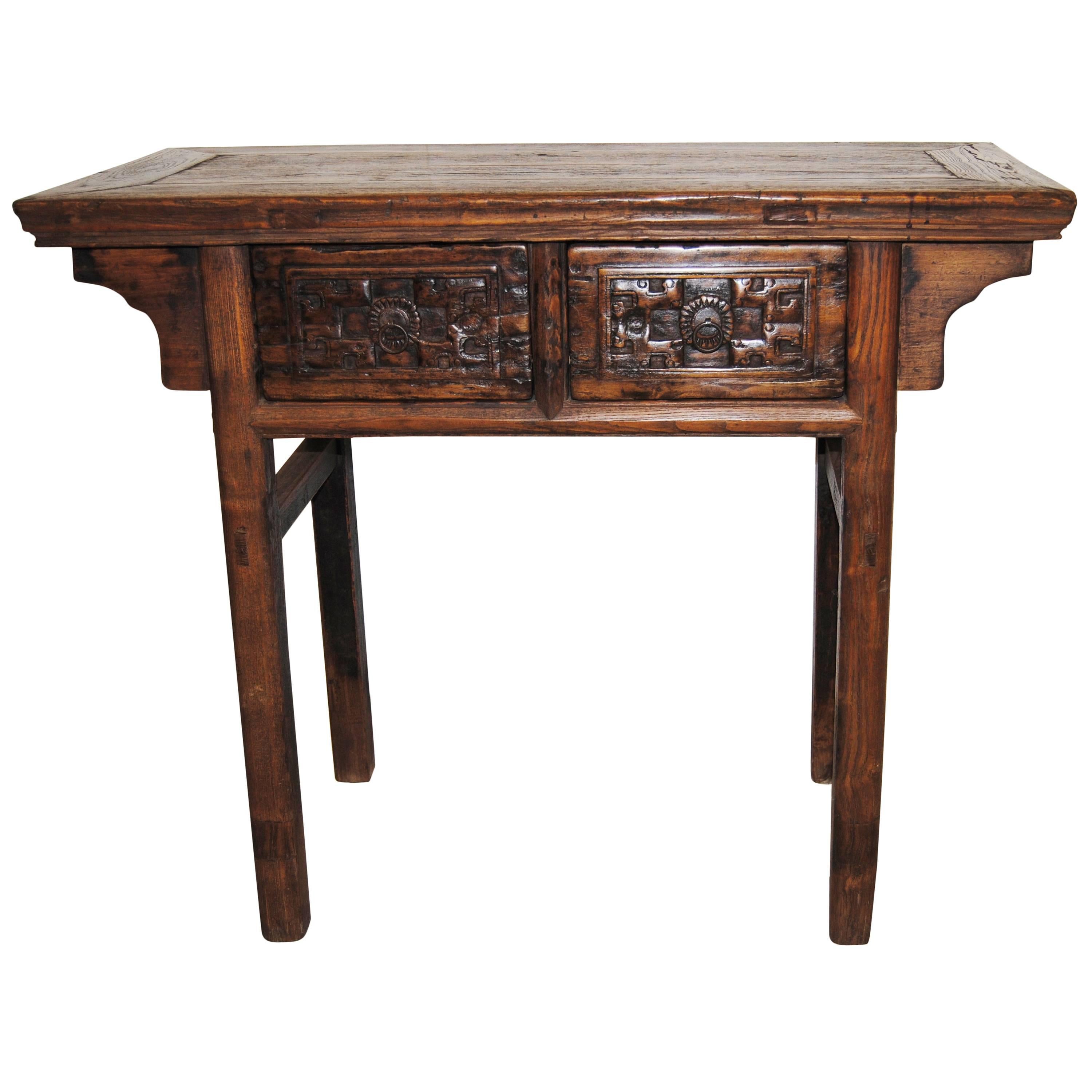 Antique Chinese Elmwood Table with Hand-Carved Drawers, Mid-19th Century