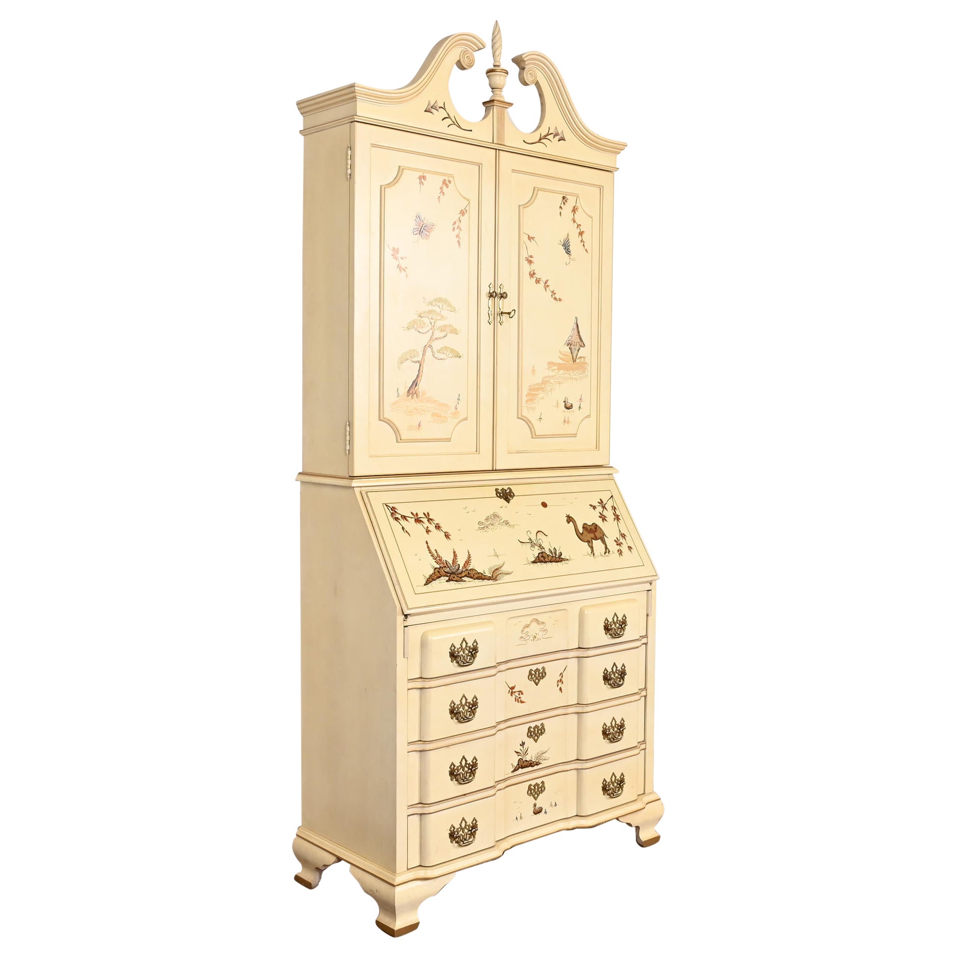 Georgian Chinoiserie Cream Lacquered Hand Painted Secretary Desk With Bookcase For Sale