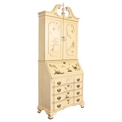 Vintage Georgian Chinoiserie Cream Lacquered Hand Painted Secretary Desk With Bookcase