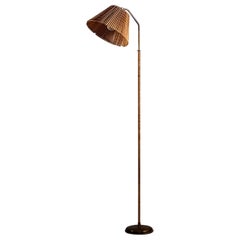 Finnish 1950's brass floor lamp with wrapped rattan stem and wooden slat shade