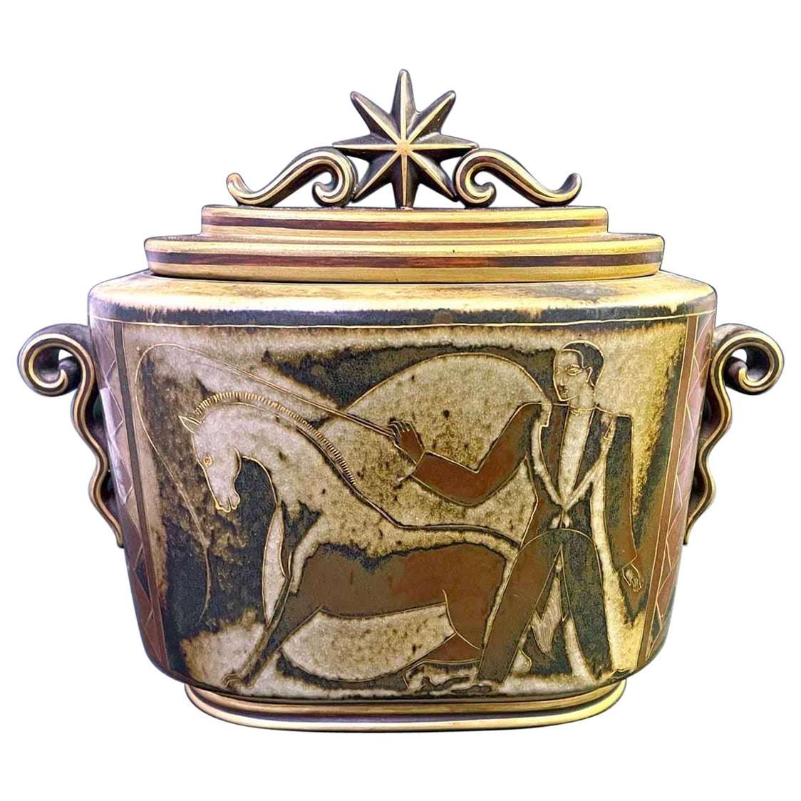 "Circus Scenes", Unique Art Deco Covered Urn w/ Ringmaster & Horse Rider For Sale