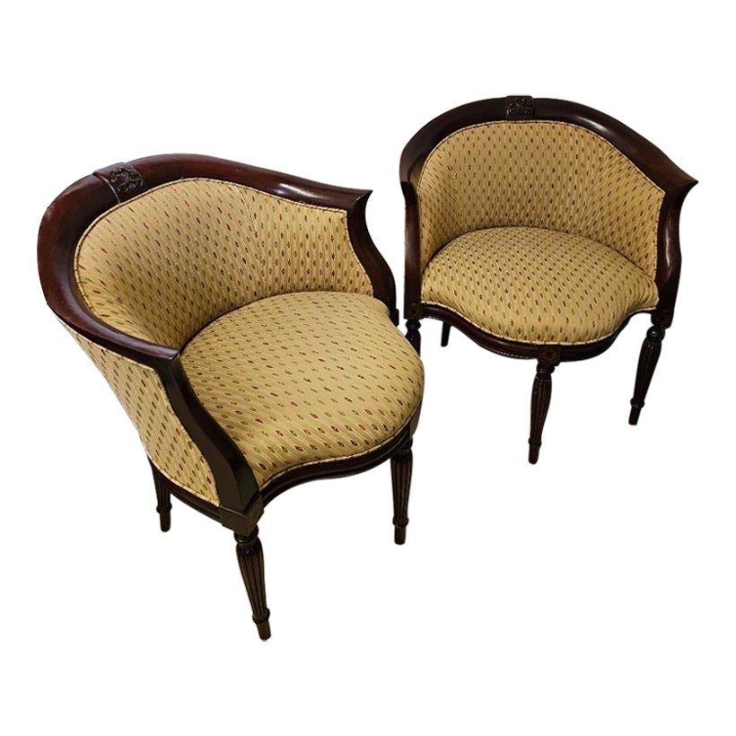 A Pair of Elegant 1980s Southwood Mahogany Inlaid Upholstered Arm Chairs  For Sale