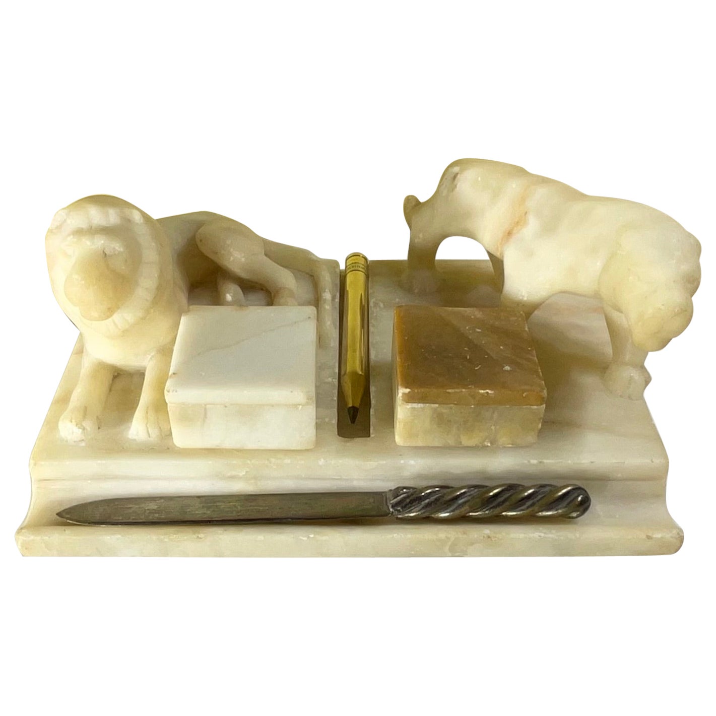 Antique Italian Carved Marble Stone Inkwell For Sale