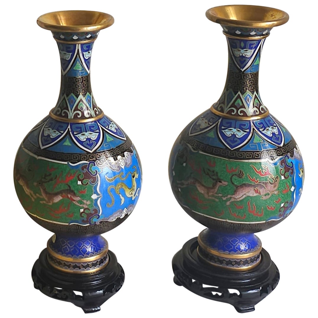 1950s Pair Of Chinese Hand Made Cloisonné Enamel Vases On Carved Hardwood Stands