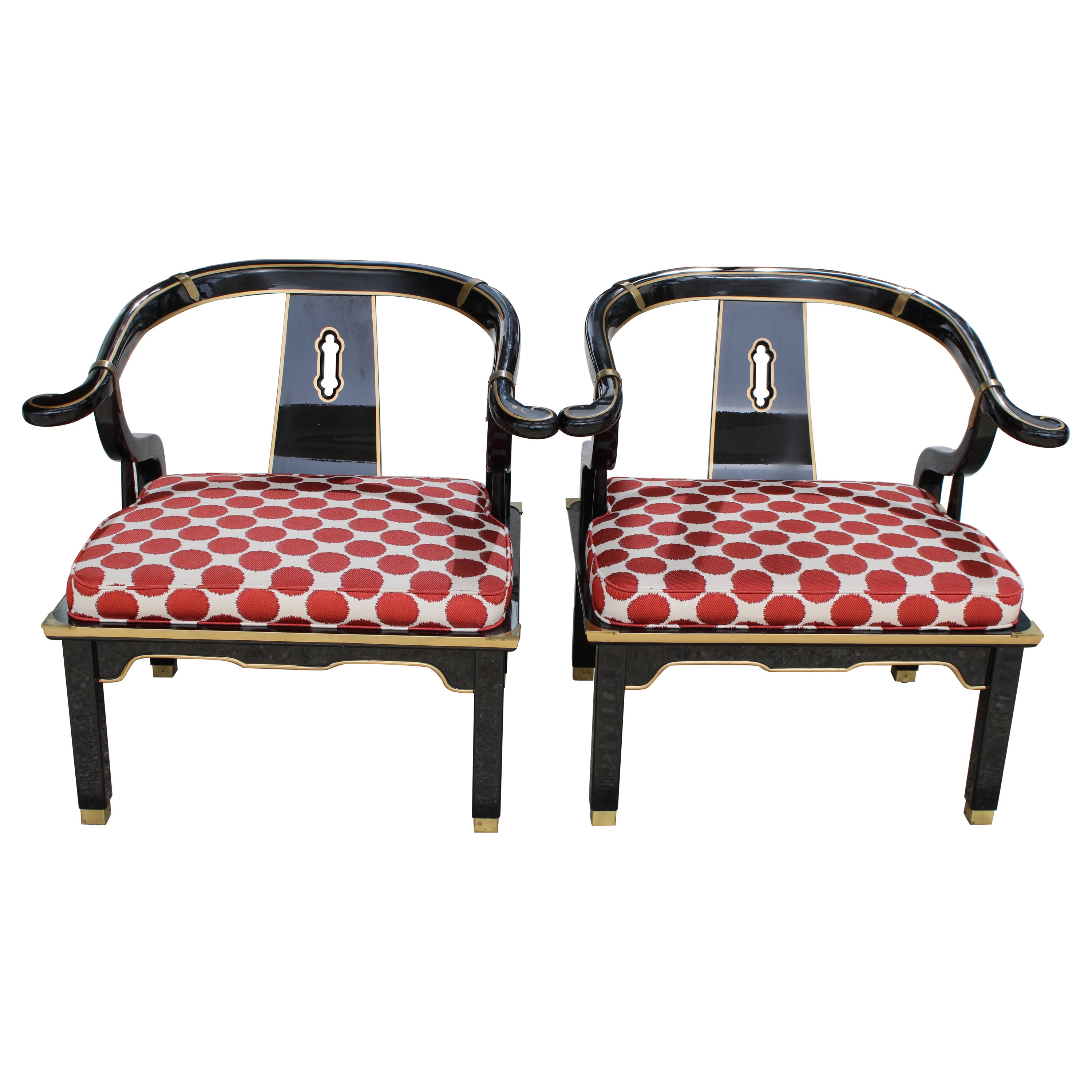 Pair of Black Lacquered and Brass Horseshoe Lounge Chairs For Sale