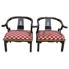 Retro Pair of Black Lacquered and Brass Horseshoe Lounge Chairs